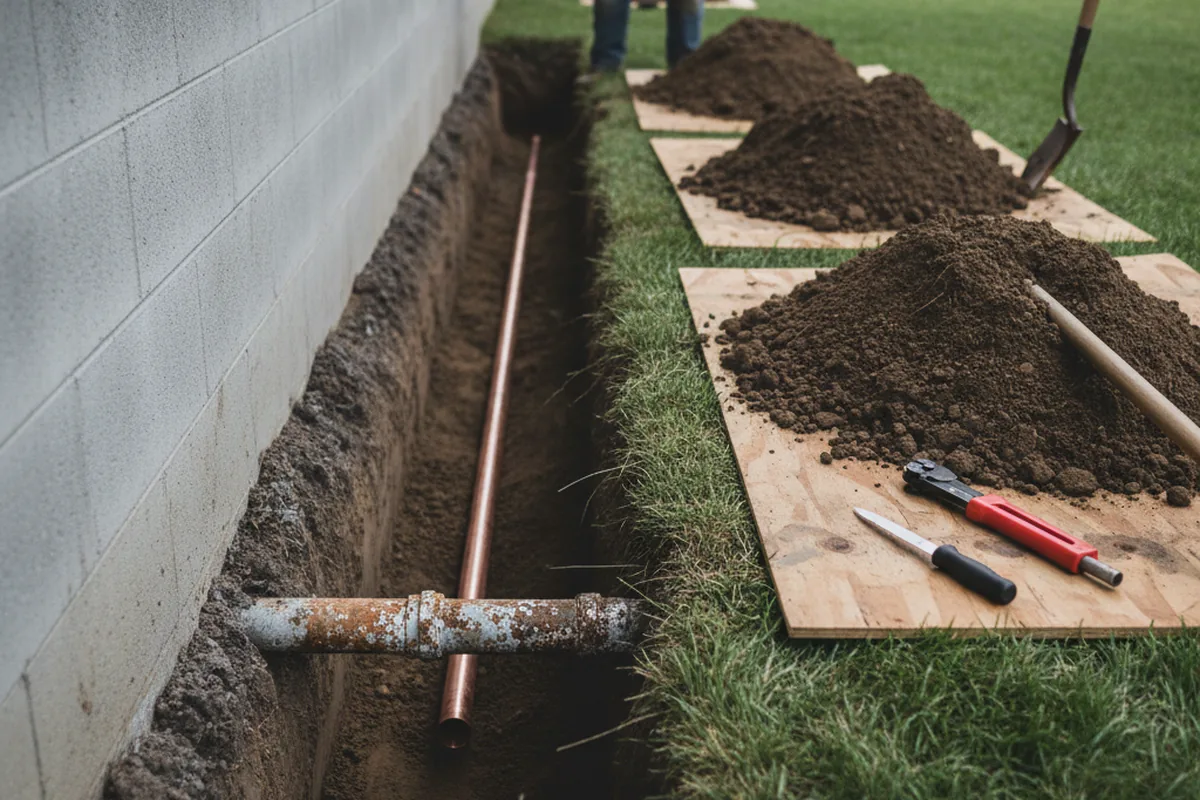Excavated water line trench during Water Softener Installation in Barksdale